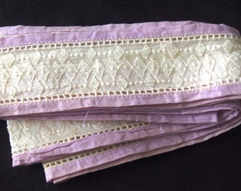 Vintage Trim / Lace: Pierced Embroidered Diamonds & Dots w/ Purple Trim, Double Sided, 1.5" Wide