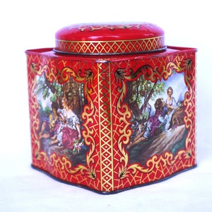 Vintage Candy / Tea Tin Canister: Daher, Red & Gold w/ Romantic Woodland Love Scenes - Loose Lid
