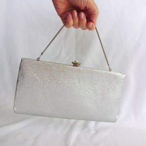 Vintage Handbag / Purse: 1960s, Silver Lame w/ Fancy Ornate Rhinestone & Pearl Flower Clasp, Chain Handle