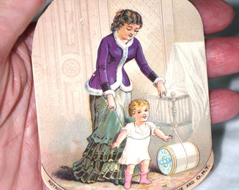 Antique / Vintage Lithograph Advertisement: Early 1900s, O.N.T. / Clark's Spool Cotton, Spool-Shaped, Mother & Walking Baby