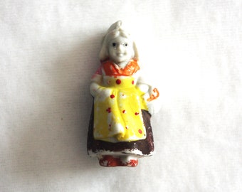 Vintage Bisque Doll: Small Dutch Girl w/ Basket, Frozen Charlotte, 2 3/8" Japan