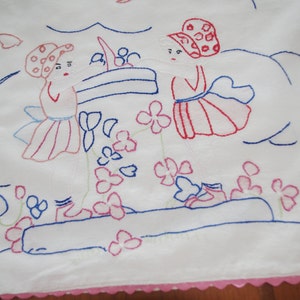 Vintage Pillow Cover: Hand-Embroidered, Two Girls in Garden, 1940s / 40s