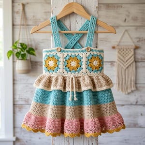 May include: A crochet pinafore dress featuring a bodice with three floral granny squares in mustard yellow, cream, and turquoise. The skirt has horizontal stripes in turquoise, beige, and pink, finished with a ruffled hem and a mustard yellow scalloped edge.