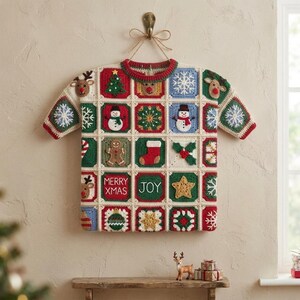 May include: A crochet wall hanging shaped like a t-shirt, constructed from square panels featuring Christmas motifs including reindeer, snowmen, snowflakes, a gingerbread man, a stocking, and the text MERRY XMAS and JOY in red and green.