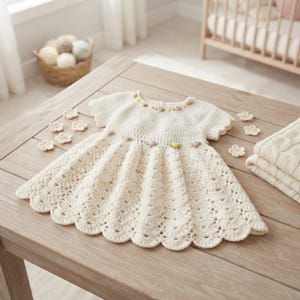 May include: A cream-colored crocheted dress featuring short sleeves, a scalloped hem, and a round neckline. The garment is decorated with small, delicate floral accents in soft pink and yellow hues around the neckline and waistline.