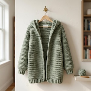 Crochet Hooded Cardigan , Oversized Chunky Sweater, Balloon Sleeve , Oversized Crochet Cardigan, Hooded Sweater, Chunky Moss Stitch Cardigan