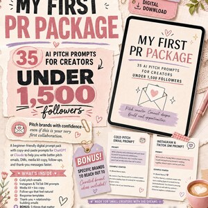 Può includere: Un download digitale intitolato My First PR Package con 35 prompt di pitch AI per creator con meno di 1.500 follower. Il set include modelli per email di contatto, messaggi Instagram e TikTok, testi per media kit e messaggi di follow-up.