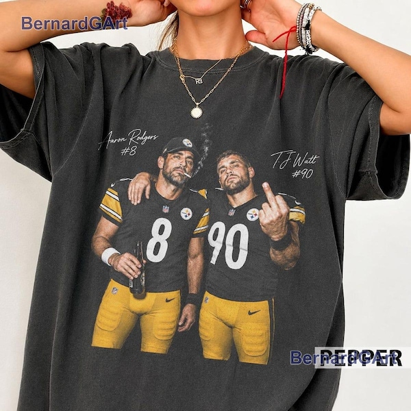 Aaron Rodgers TJ Watt Pittsburgh Football Shirt, Vintage 8 90 Graphic Tee, Funny Signatures Duo Game Day Apparel, Classic Sports Fan Merch