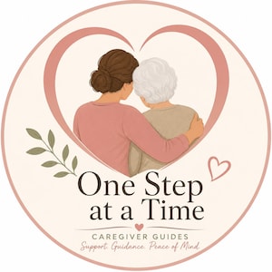 May include: A circular logo featuring a brown-haired person with a bun embracing an older person with white hair inside a pink heart outline. Text reads One Step at a Time, CAREGIVER GUIDES, and Support. Guidance. Peace of Mind. A small leaf sprig is on the left.