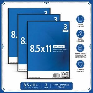 May include: A set of three black document frames measuring 8.5 by 11 inches. Each frame features a front-loading design and includes an easel. The packaging displays the text 3 pack, 8.5x11, document, front loading frames, and easel included.