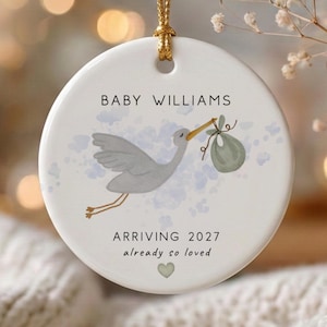 Adorno de cerámica con forma de cigüeña para anunciar el nacimiento de un bebé / Diseño en acuarela para anunciar el embarazo, texto personalizable (2026)