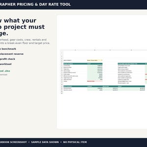 Op de afbeelding: Een digitaal spreadsheet-hulpmiddel getiteld Videographer Pricing & Day Rate Tool. De lay-out bevat tekst over projectkostenberekeningen, opsommingstekens voor functies en een screenshot van een Microsoft Excel .xlsx-bestand met tabellen.