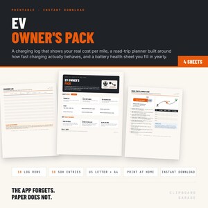 Könnte beinhalten: Ein druckbares EV-Besitzer-Paket mit vier Blättern, darunter ein Ladeprotokoll, ein Reiseplaner und ein Batteriegesundheitsblatt. Die Dokumente enthalten Text, Diagramme und Tabellen mit orangefarbenen und schwarzen Akzenten für A4-Papier.