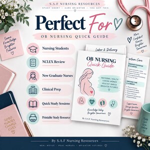 May include: An OB nursing quick guide study resource by S.A.F Nursing Resources featuring a pregnant person illustration, medical icons, and text including Maternal Health, Strong Women, Healthy Babies, Brighter Futures, and Labor & Delivery.