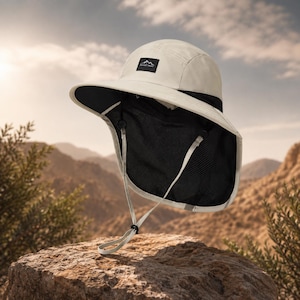 Puede incluir: Un sombrero de sol beige con ala ancha y protector de cuello de malla negra. El sombrero presenta un parche rectangular negro en la parte frontal con un gráfico de montaña blanco y texto. Incluye una correa ajustable con cierre de plástico.