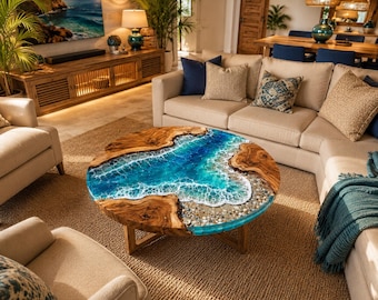 Round Ocean Resin Coffee Table, Live Edge Wood River Table, Blue Epoxy Wood Table, Handmade Coastal Furniture