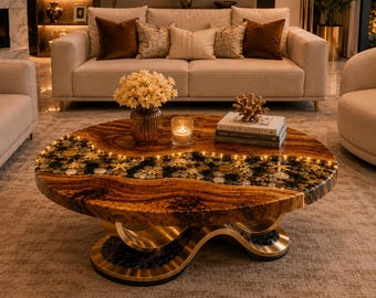 Luxury Oval Resin Coffee Table, Wood Epoxy River Table with Pebble Inlay, Sculptural Gold Base, Handmade Statement Living Room Furniture