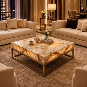May include: A square coffee table featuring a translucent, backlit white and amber marble top with prominent veining, supported by a simple, thin, metallic bronze-colored frame. The table surface holds a white teapot, a cup, and books.