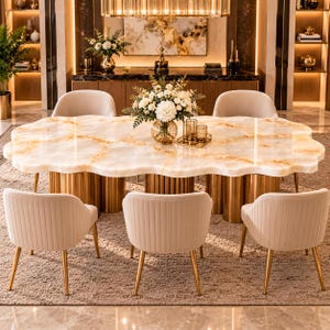 White Onyx Dining Table, Sculptural Scalloped Stone Top, Luxury Dining Furniture