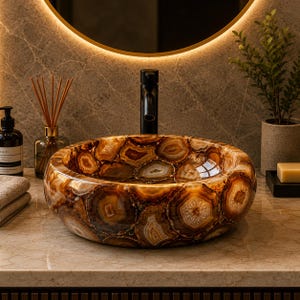 Puede incluir: Un lavabo de sobreponer redondo fabricado en piedra de ágata pulida en tonos marrones y ámbar, con un patrón natural de bandas concéntricas. El lavabo tiene un acabado liso y brillante, situado bajo un grifo negro mate sobre una encimera de piedra clara.