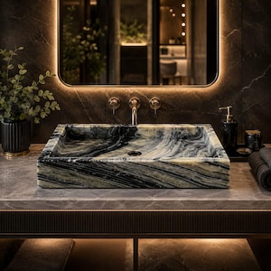 Black White Marble Vessel Sink, Rectangular Natural Stone Basin (Sink Only)