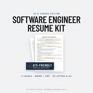 May include: A Software Engineer Resume Kit for the US & Canada featuring a single-column layout. The document includes sections for professional summary, technical skills, experience, projects, and education. It is labeled as ATS-friendly.