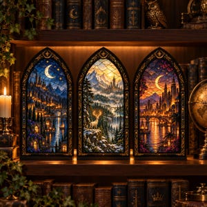 Kącik książkowy SJM Universe, lampa półkowa inspirowana stylem fantasy Sarah J Maas, wystrój w stylu książkowym Maasverse, ACOTAR TOG Crescent City, styl witrażowy