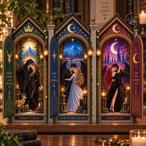 Op de afbeelding: Een decoratieve boekenplank-display met drie panelen met scènes uit Throne of Glass, A Court of Thorns and Roses en Crescent City. Elk gedeelte toont een koppel in een fantasie-omgeving met bogen, lantaarns en gedrukte tekst.