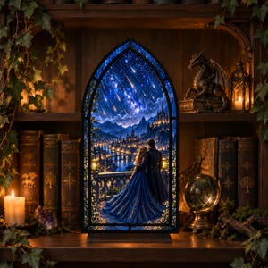 May include: An arched light box featuring a fantasy scene of two figures in formal attire standing on a balcony overlooking a castle at night under a starry sky with shooting stars. The frame is black and the image displays deep blue and gold tones.