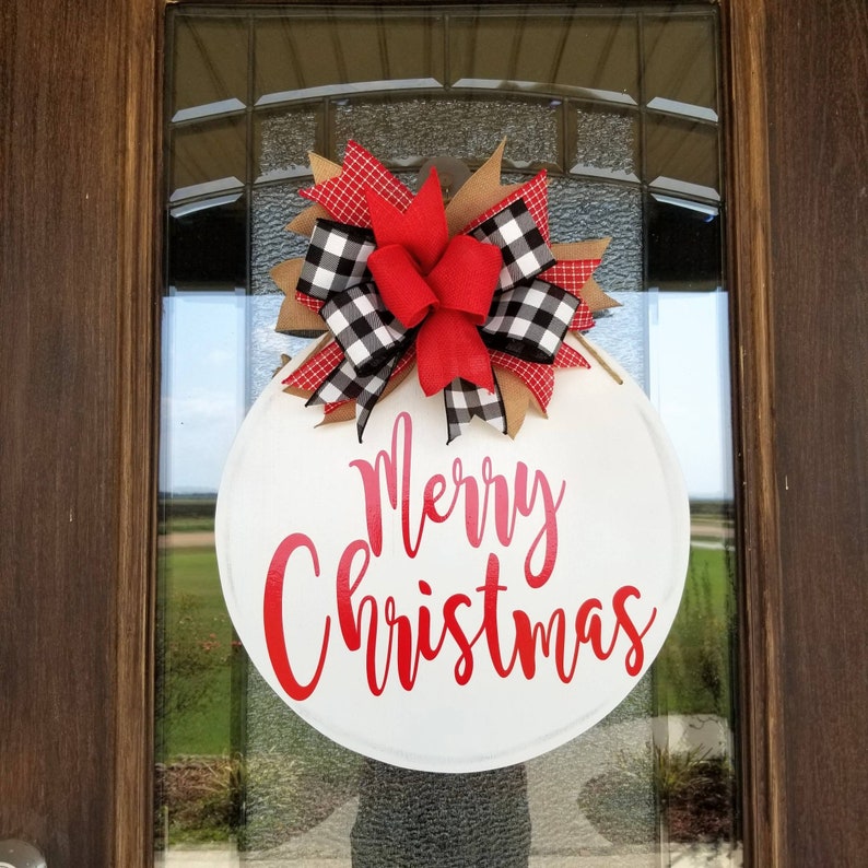 Merry Christmas Round Wood Door Hanger Buffalo Plaid Front | Etsy