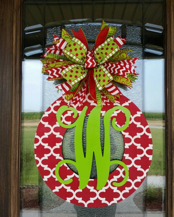 Christmas Wreath With Initial Christmas Monogrammed Wreath Front Door Hanger In Red And Lime Green