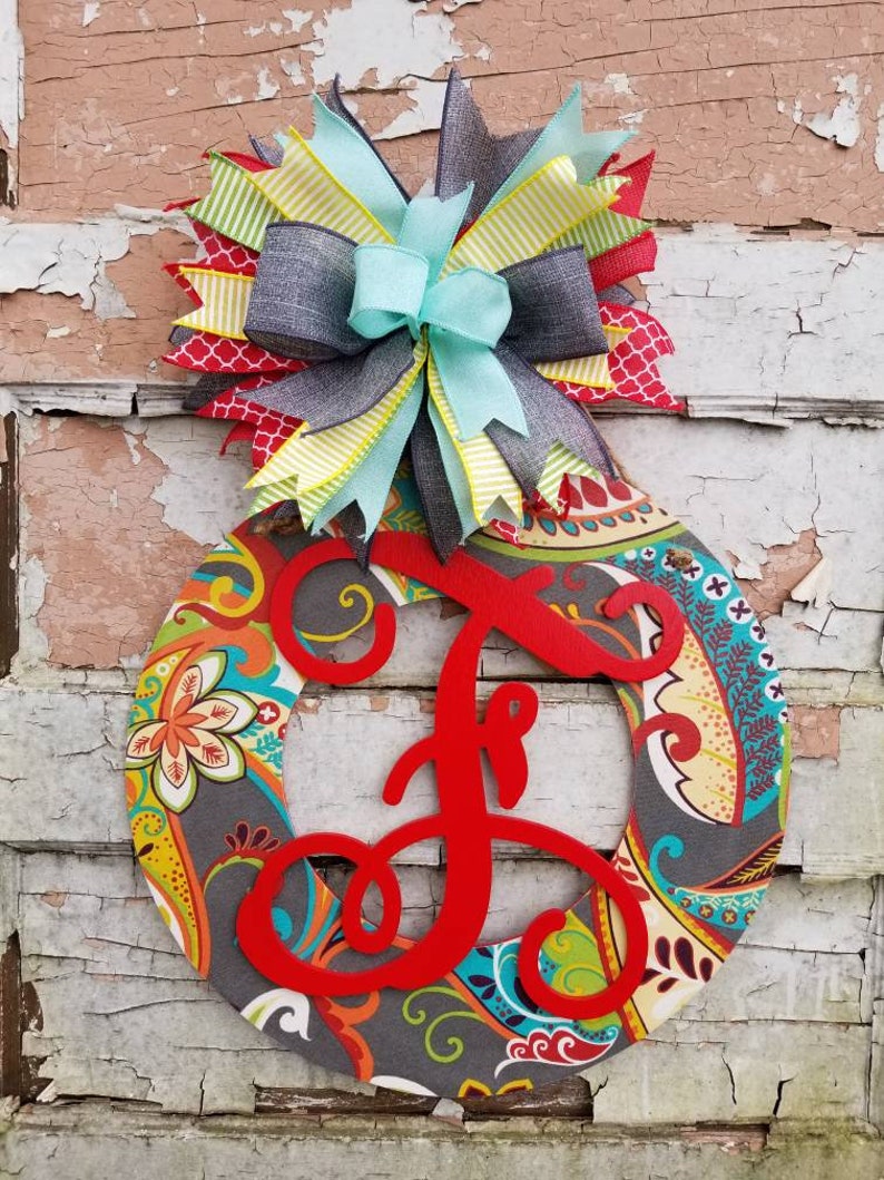 Summer Front Door Decor Personalized Fabric and Wood Wreath Wedding Gift Front Door Hanger