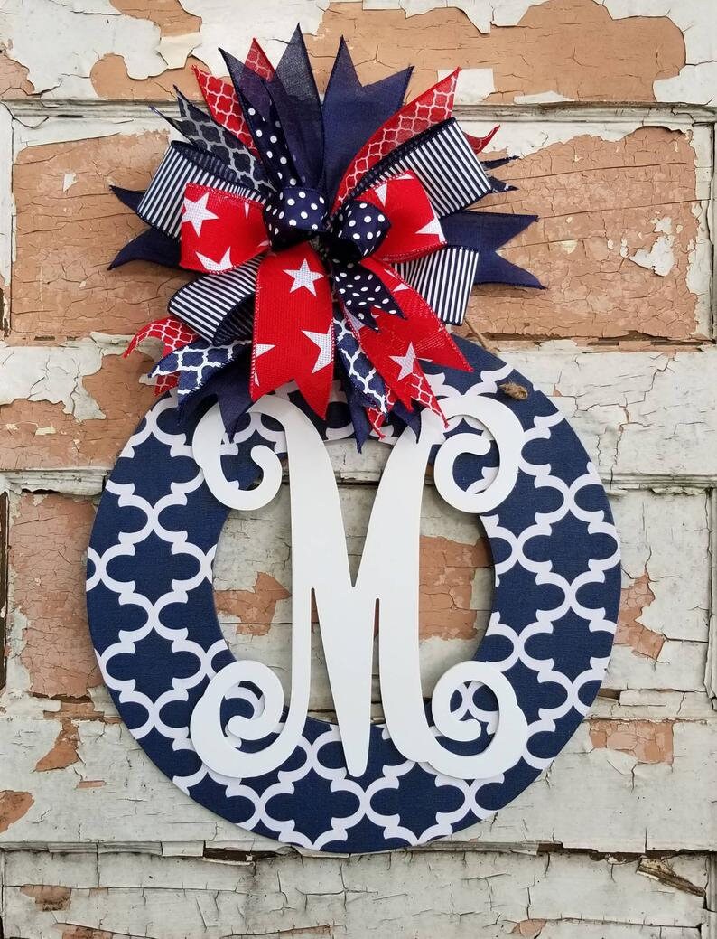 Labor Day Door Wreath with Initial Patriotic Personalized Etsy