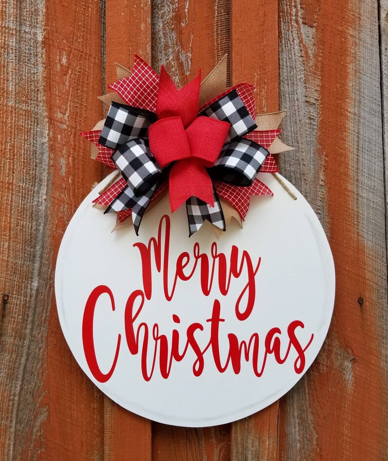 Merry Christmas Round Wood Door Hanger Buffalo Plaid Front Etsy