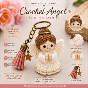 Pode incluir: Um porta-chaves de anjo em croché com vestido creme, cabelo castanho e auréola dourada. O porta-chaves inclui um anel de metal cor de bronze, um pequeno pendente de estrela e uma borla de fio rosa seco. O texto diz Crochet Angel Keychain.