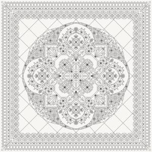 Peut inclure: Un motif linéaire noir et blanc carré présentant un design de mandala circulaire central composé de motifs floraux complexes, de formes géométriques et de feuilles symétriques, enfermé dans une bordure décorative de petits carrés répétés.