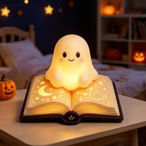 May include: A glowing, cream-colored ghost-shaped lamp sits atop an open book. The book pages feature cut-out designs of a crescent moon, stars, and a pumpkin, which are illuminated from within, casting a warm, soft light across the surface.
