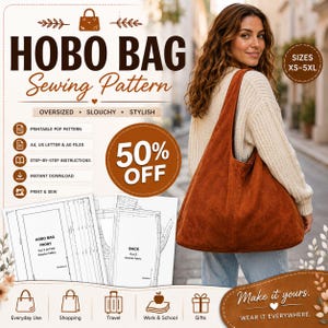 May include: A hobo bag sewing pattern featuring a large, slouchy, rust-colored suede hobo bag. The image includes text such as HOBO BAG Sewing Pattern, 50% OFF, and printable PDF pattern details. It displays technical sewing diagrams for front and back pieces.
