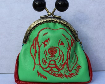 Porte monnaie rétro en cuir vert et rouge, broderie chien