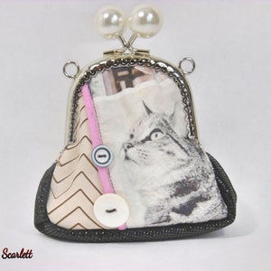 Porte monnaie retro en cuir beige et cuir noir et tissus chats