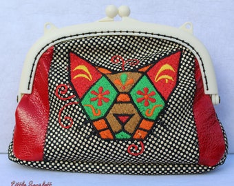 Grand Porte monnaie rétro en cuir rouge et cuir noir et blanc, broderie chat