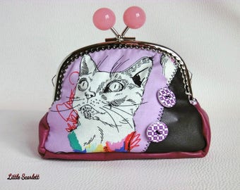 Large retro purple and brown leather clasp wallet + cats fabric