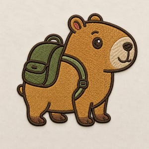 May include: An embroidered patch featuring a brown capybara with a light tan muzzle and a dark brown nose. The capybara is wearing a green backpack with dark green trim and straps. The entire design is outlined in a thick dark brown thread.