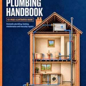 Könnte beinhalten: Das Practical Plumbing Handbook von Davey Lee Digital ist ein 43-seitiger illustrierter Leitfaden für Sanitärinstallation, Heizung, Wartung und Reparaturen. Das Cover zeigt einen Querschnitt eines Backsteinhauses mit Rohrleitungen.