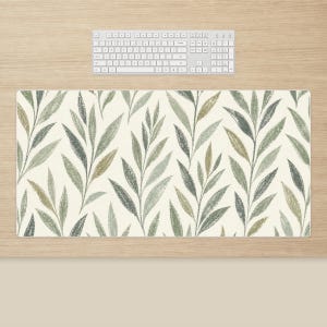 Alfombrilla de escritorio botánica verde: estampado de hojas de sauce, decoración de espacio de trabajo en tonos salvia.