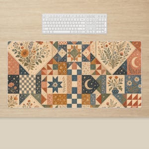 Patchwork Boho Desk Mat: Quilt Look Floral Workspace Decor, Checkered Geometric Pattern
