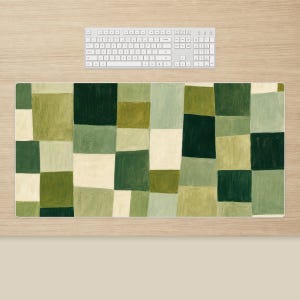 Green Checkerboard Desk Mat: Olive Cream Patchwork Check Pattern