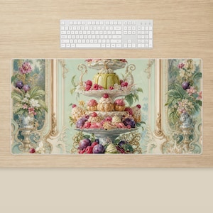 May include: A rectangular desk mat featuring a three-tiered dessert stand filled with pastries, berries, and plums, flanked by ornate floral arrangements in vases. The design includes a light green background with decorative architectural molding.
