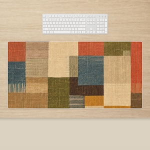 Alfombrilla de escritorio a cuadros: patrón de bloques de patchwork tejido, decoración de espacio de trabajo en verde óxido y azul