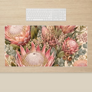 Blush Protea Desk Mat: Sage Eucalyptus Botanical Pattern